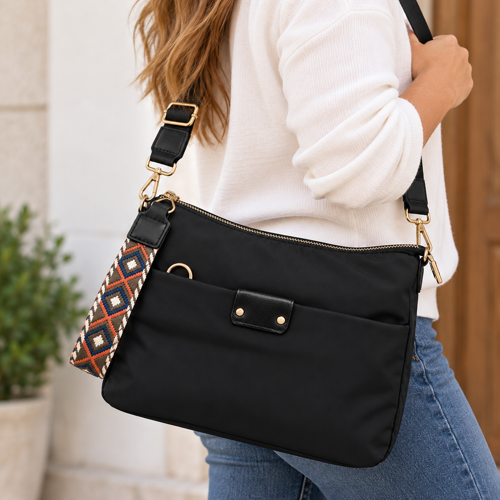 BANDOLERA NEGRA CON BOLSILLO DELANTERO