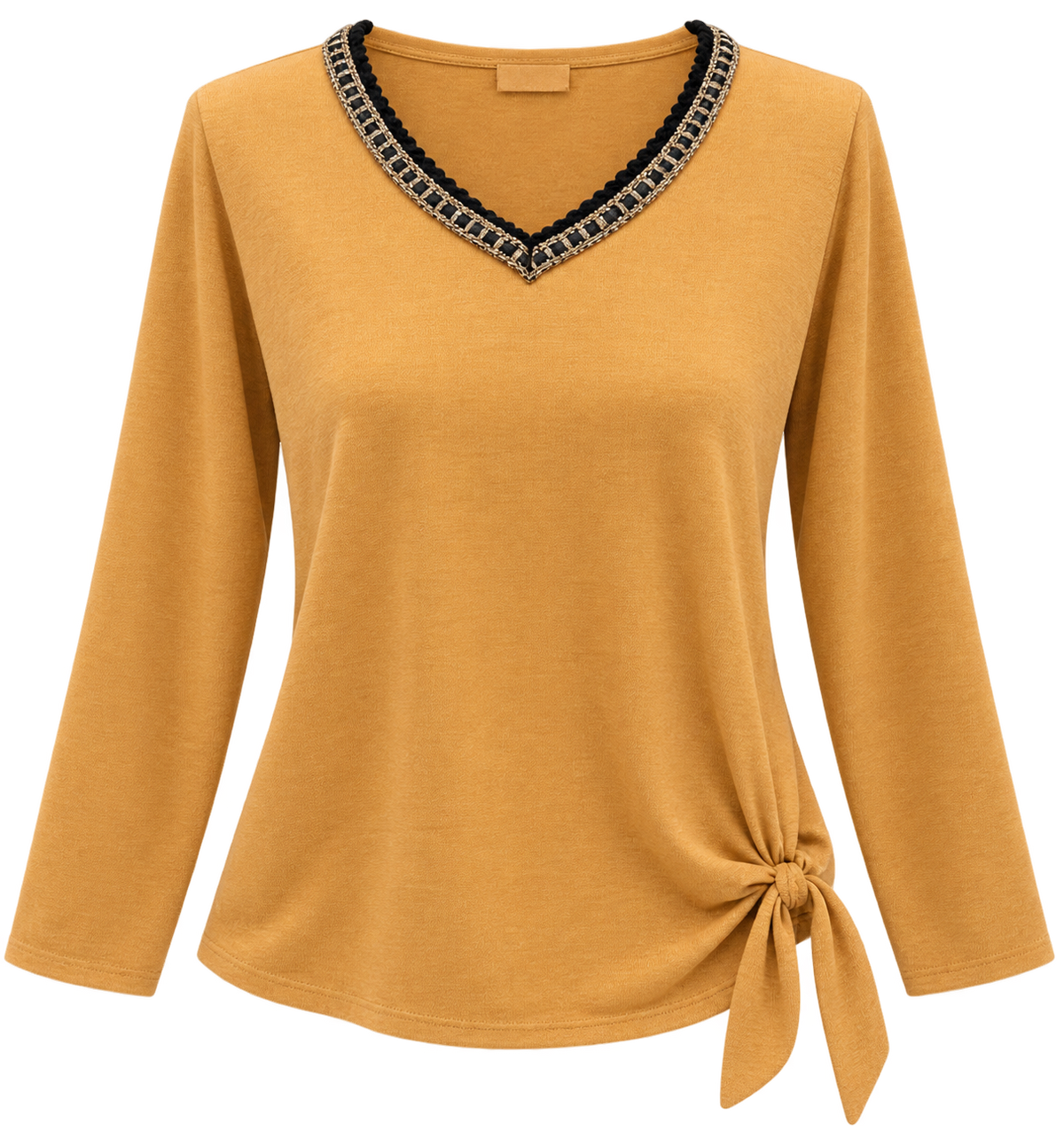 CAMISETA MOSTAZA CON ESCOTE DECORADO Y LAZO LATERAL