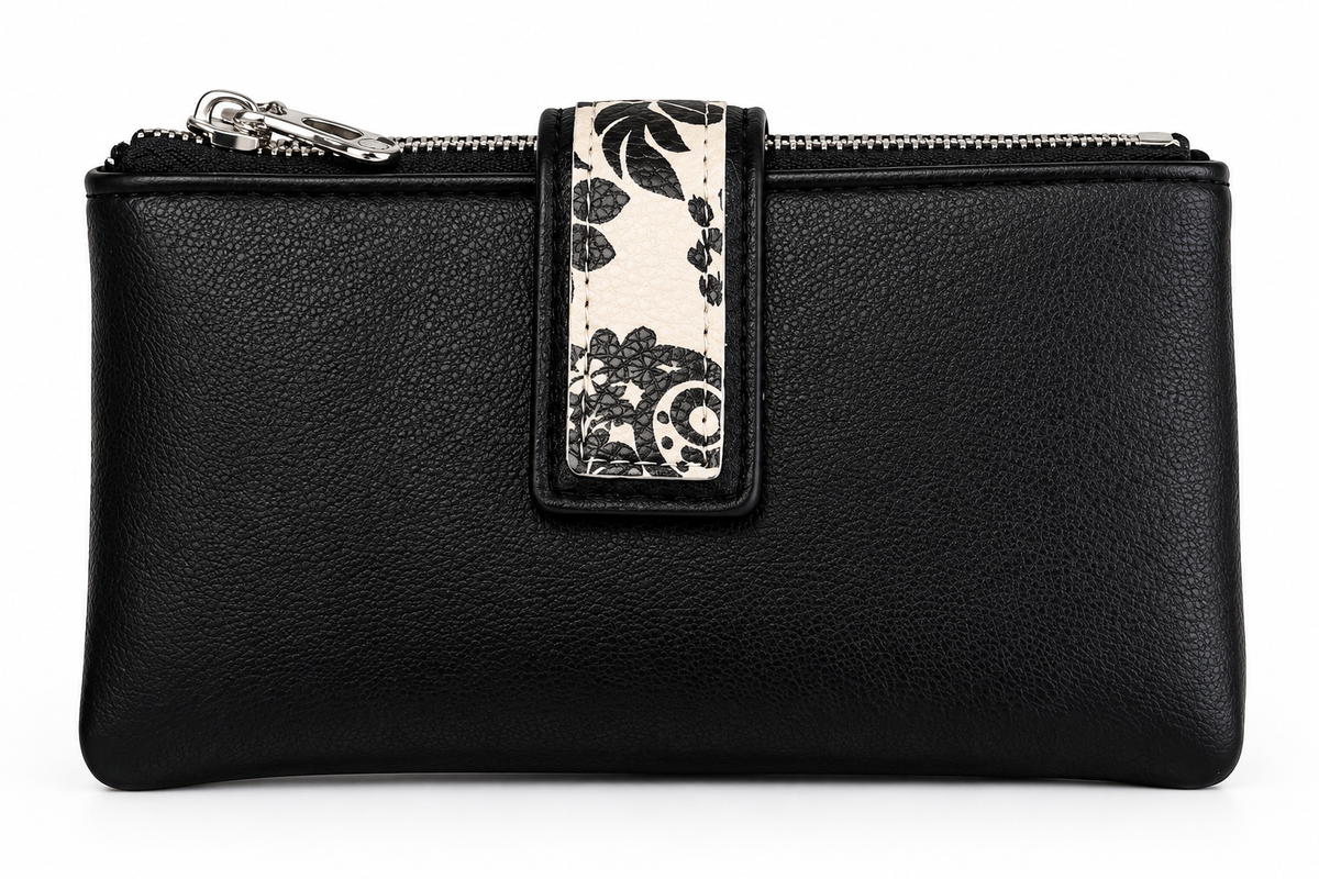 SET CARTERA Y MONEDERO/TARJETERO FLORAL NEGRO