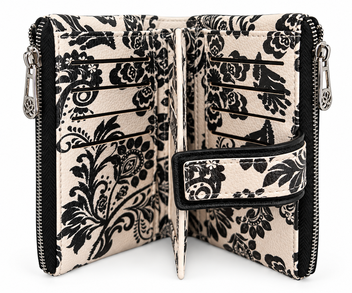 SET CARTERA Y MONEDERO/TARJETERO FLORAL NEGRO