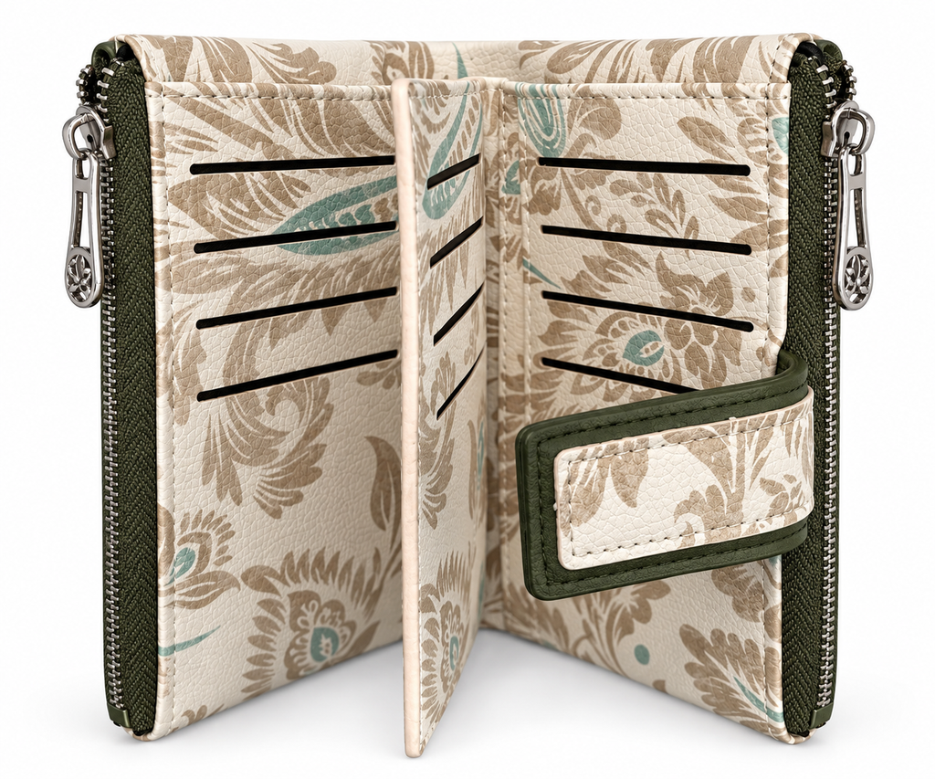 SET CARTERA Y MONEDERO/TARJETERO FLORAL VERDE