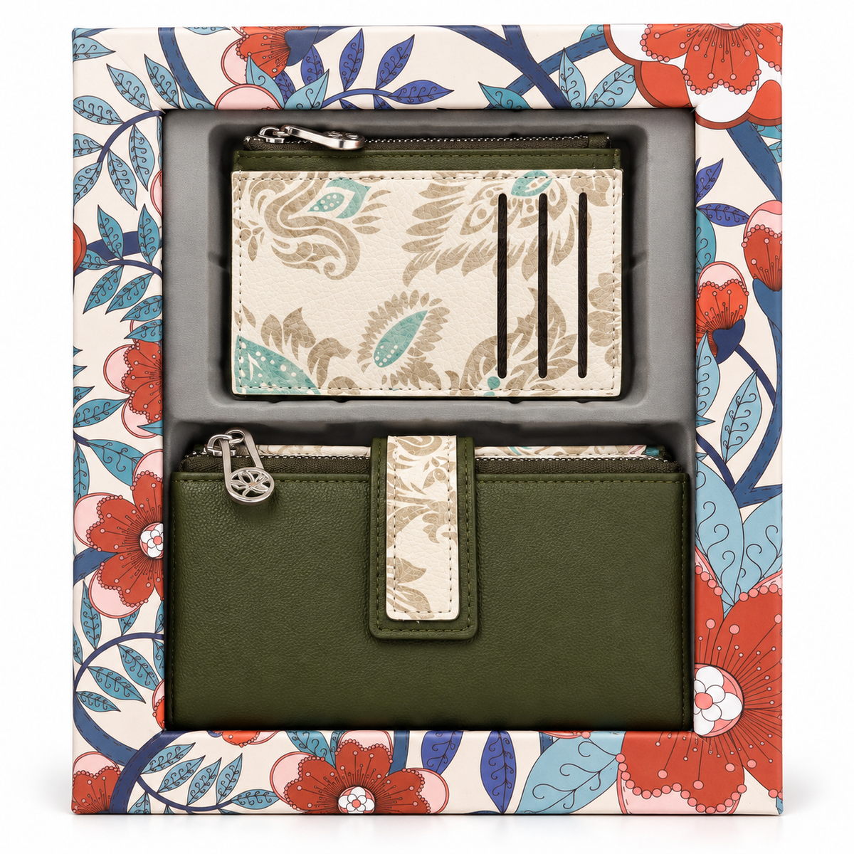 SET CARTERA Y MONEDERO/TARJETERO FLORAL VERDE