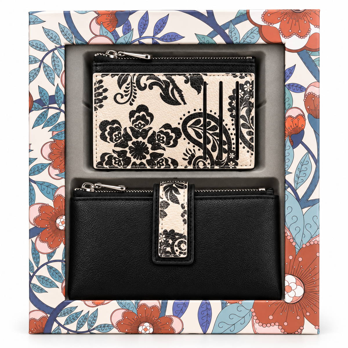 SET CARTERA Y MONEDERO/TARJETERO FLORAL NEGRO