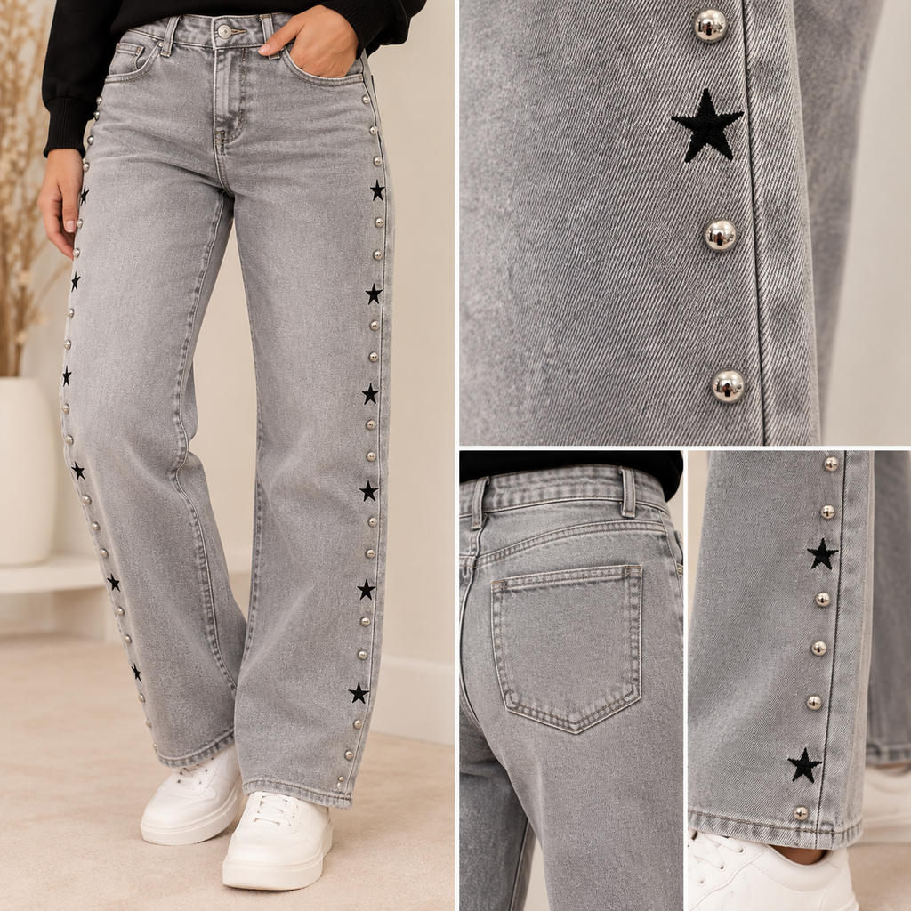 VAQUERO GRIS EFECTO LAVADO CON ESTRELLAS Y TACHUELAS