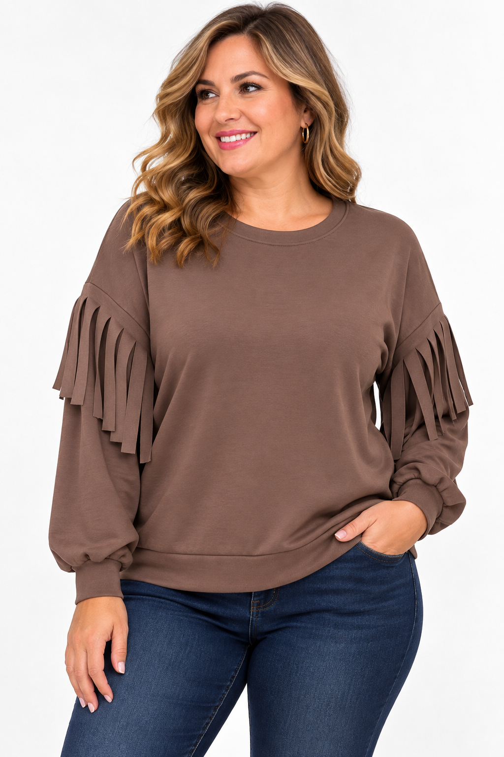SUDADERA MARRÓN CON FLECOS EN LAS MANGAS
